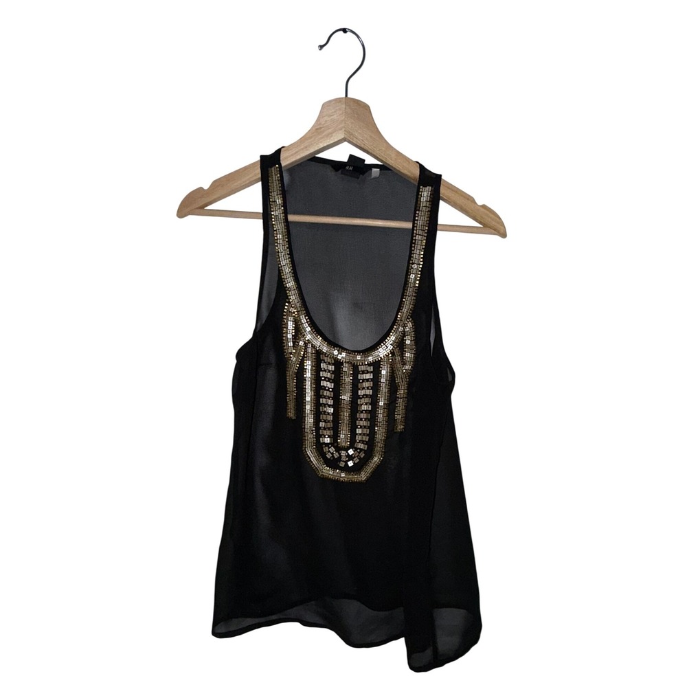 Black Sheer Tank Top Embellished Gold‎ Beaded Art Deco Festival Size 4